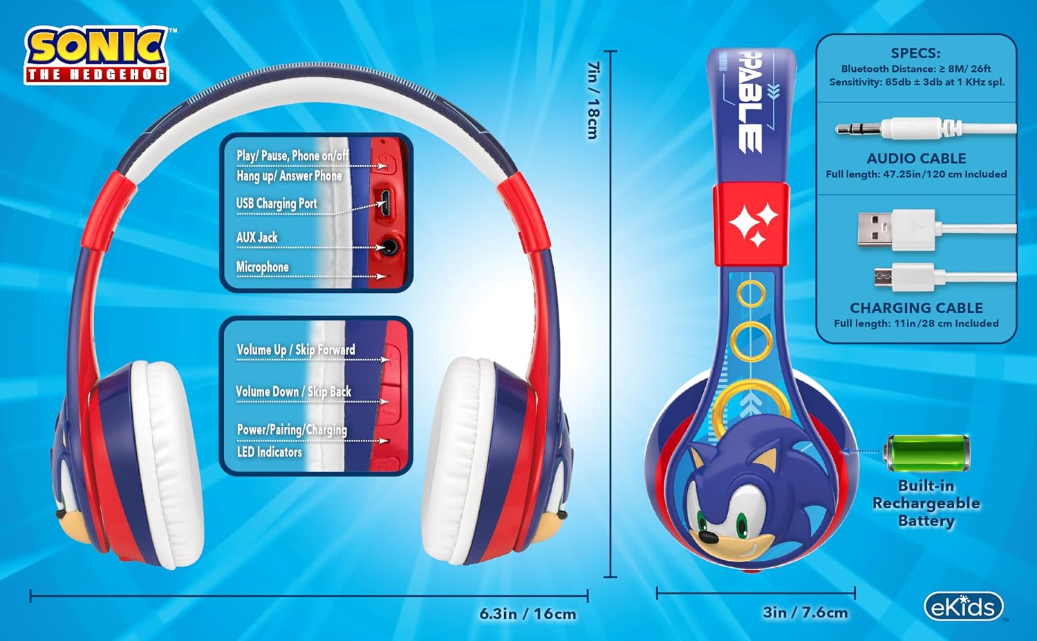 Detalle de Sonic The Hedgehog Bluetooth Headphones for Kids