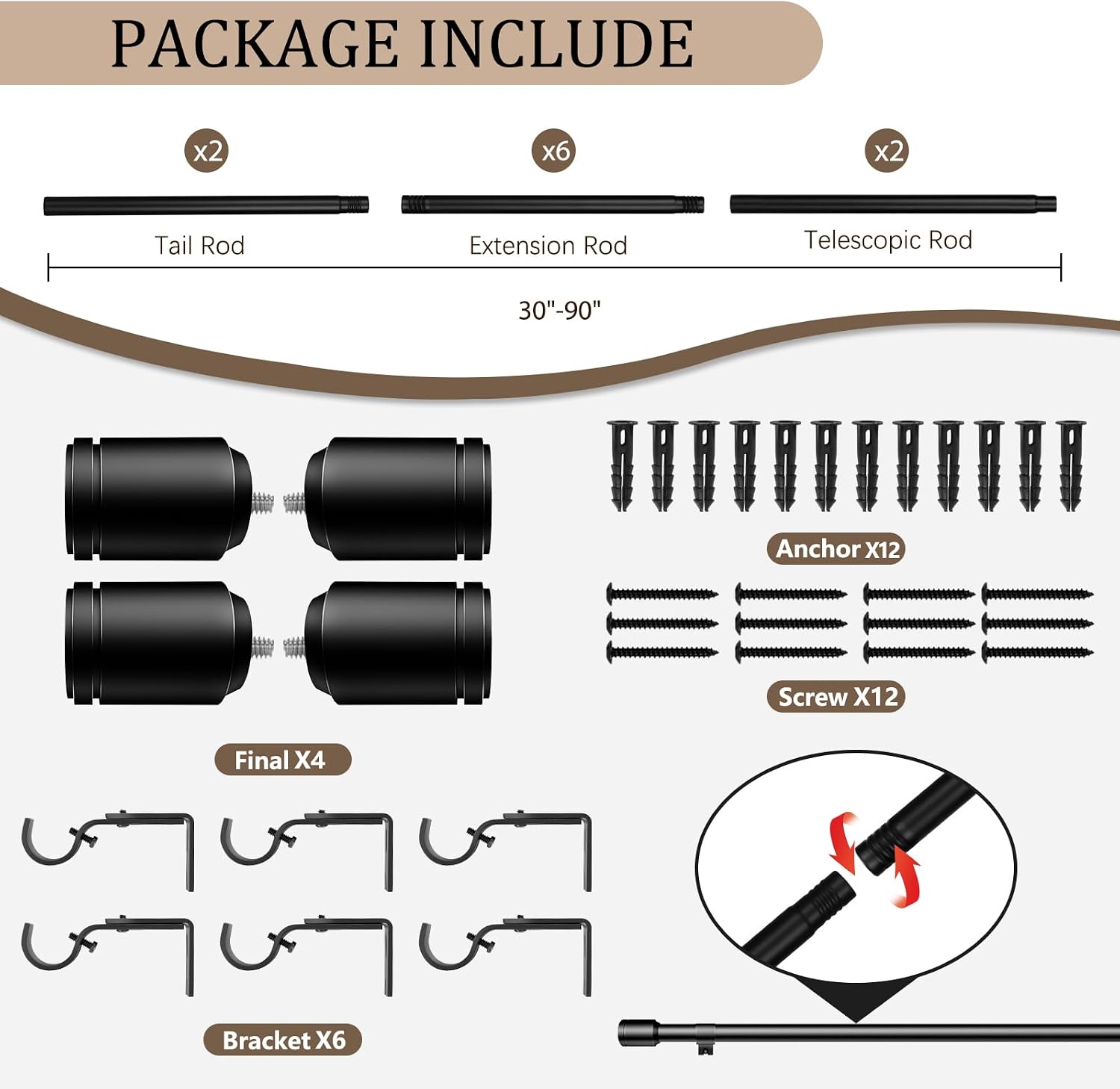 Detalle de Edidonson CR30120Bl2P 2-Pack Curtain Rods, 1-Inch Matte Black, 84–120-Inch