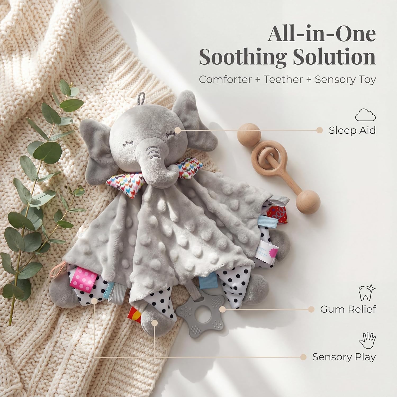 Thumbnail 3 de UNMOT Baby Comforters Blanket – grey elephant newborn soft touch comforter with taggies teether