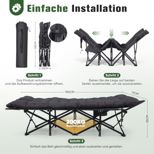 Detalle de Sekey Feldbett Klappbar XXL – 190 x 71 x 35 cm, inkl. Matratze, robustes Feldbett für Garten und Camping