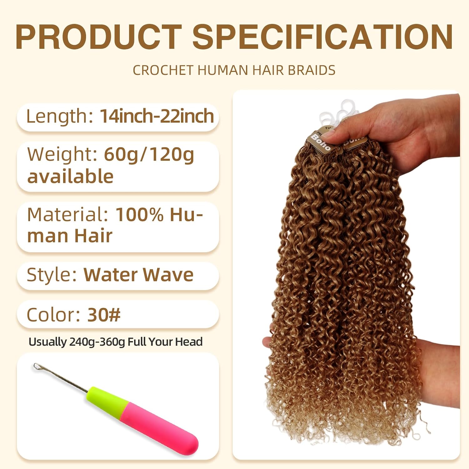 Thumbnail 1 de Human Crochet Hair for Black Women — 18 Inch Water Wave Bundles, Pre-Separated 50 Strands, 60g, Knotless Invisible Miracle Knots