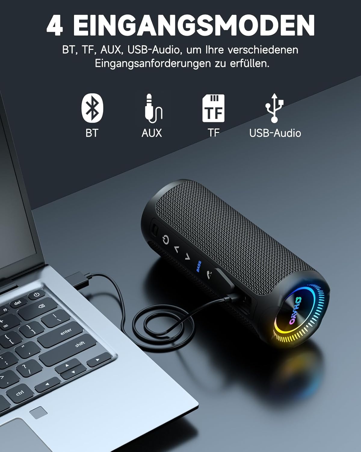 Detalle 2 de OHAYO HiFi Bluetooth Lautsprecher mit LED Licht – 35W, IPX7, 24 Stunden Laufzeit