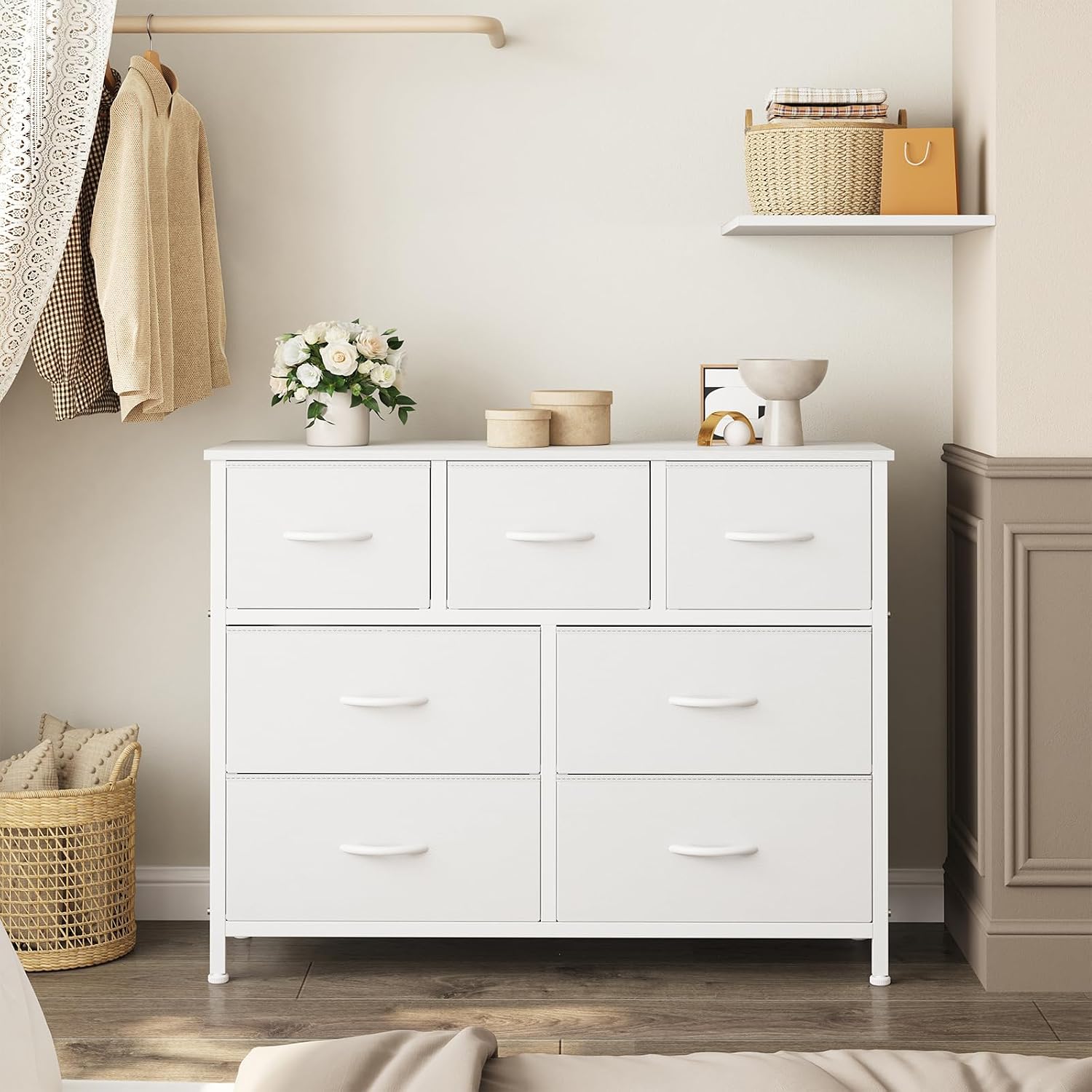 Detalle 2 de OLIXIS CAB-7BC-V2-WT 7-Drawer Fabric Dresser with Steel Frame and Wood Top