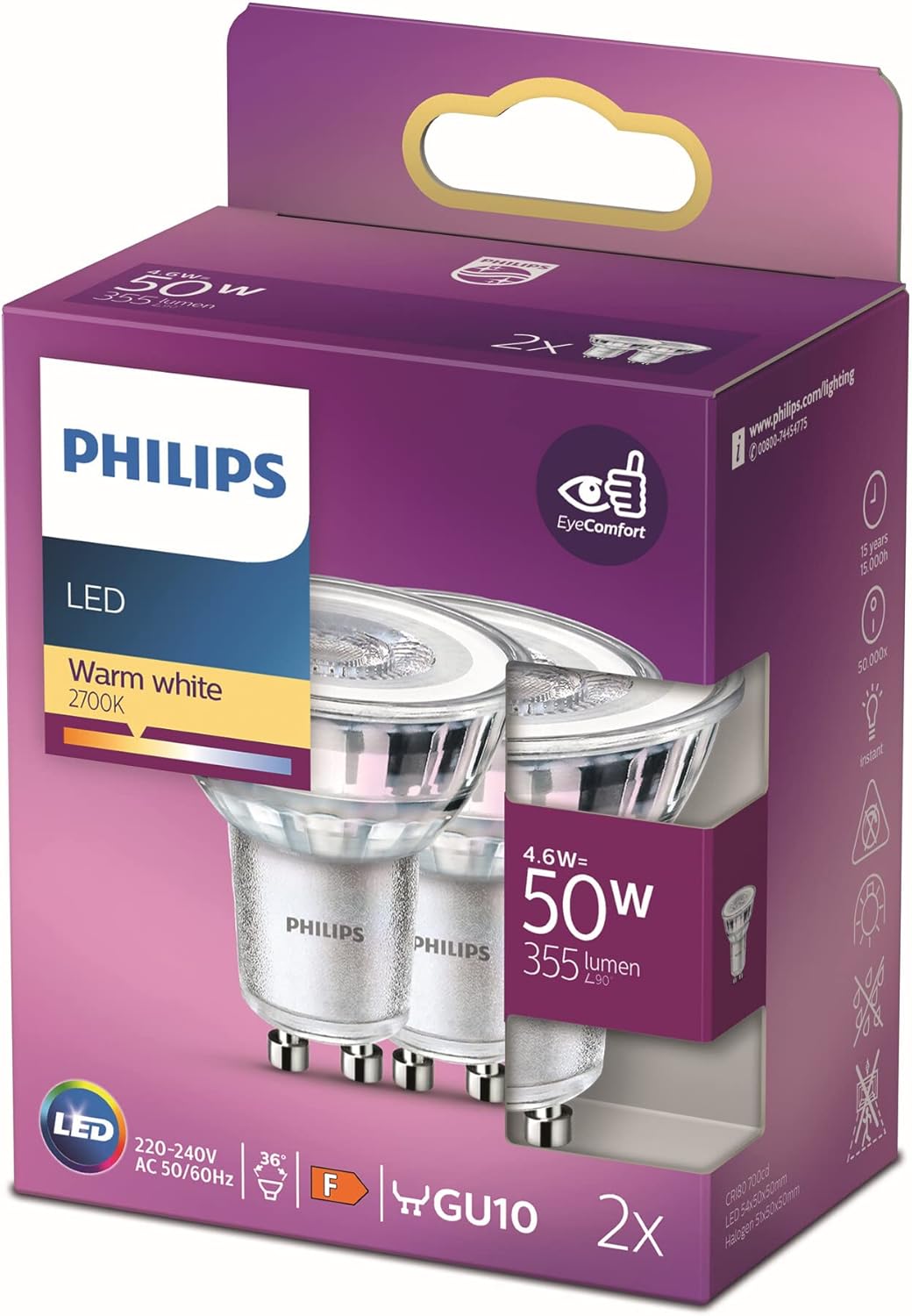 Detalle 2 de Philips - Pack de 6 Bombillas LED GU10 50W 🌟