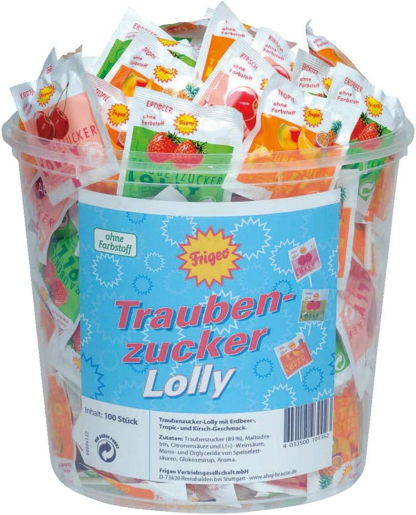 Detalle de Frigeo Grape Sugar Lollies, 100 Pieces, 750 g Bucket, Three Fruit Flavours