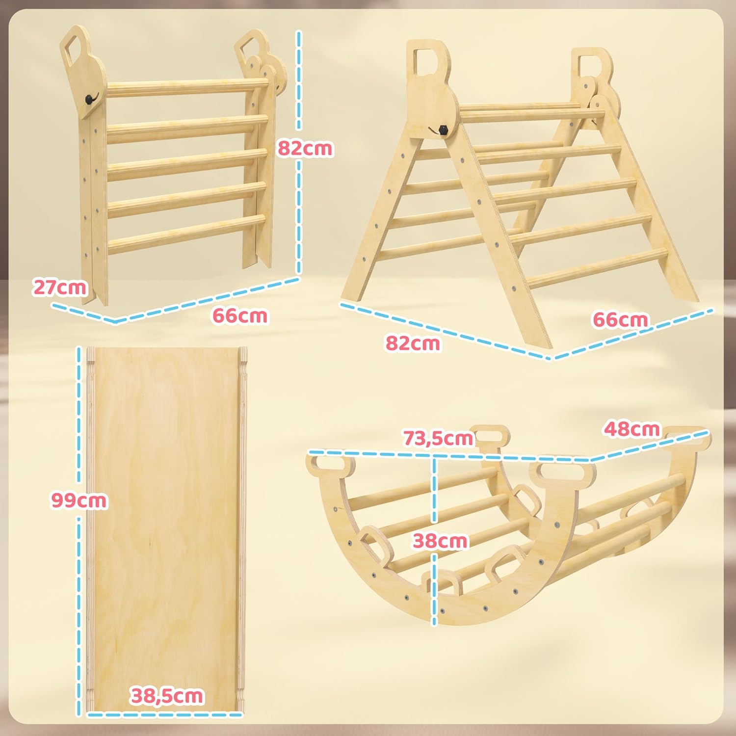 Thumbnail 6 de AIYAPLAY Triangle d’escalade enfants 5 en 1 (triangle, arche basculante, rampe réversible, toboggan, bascule) jusqu’à 50 kg