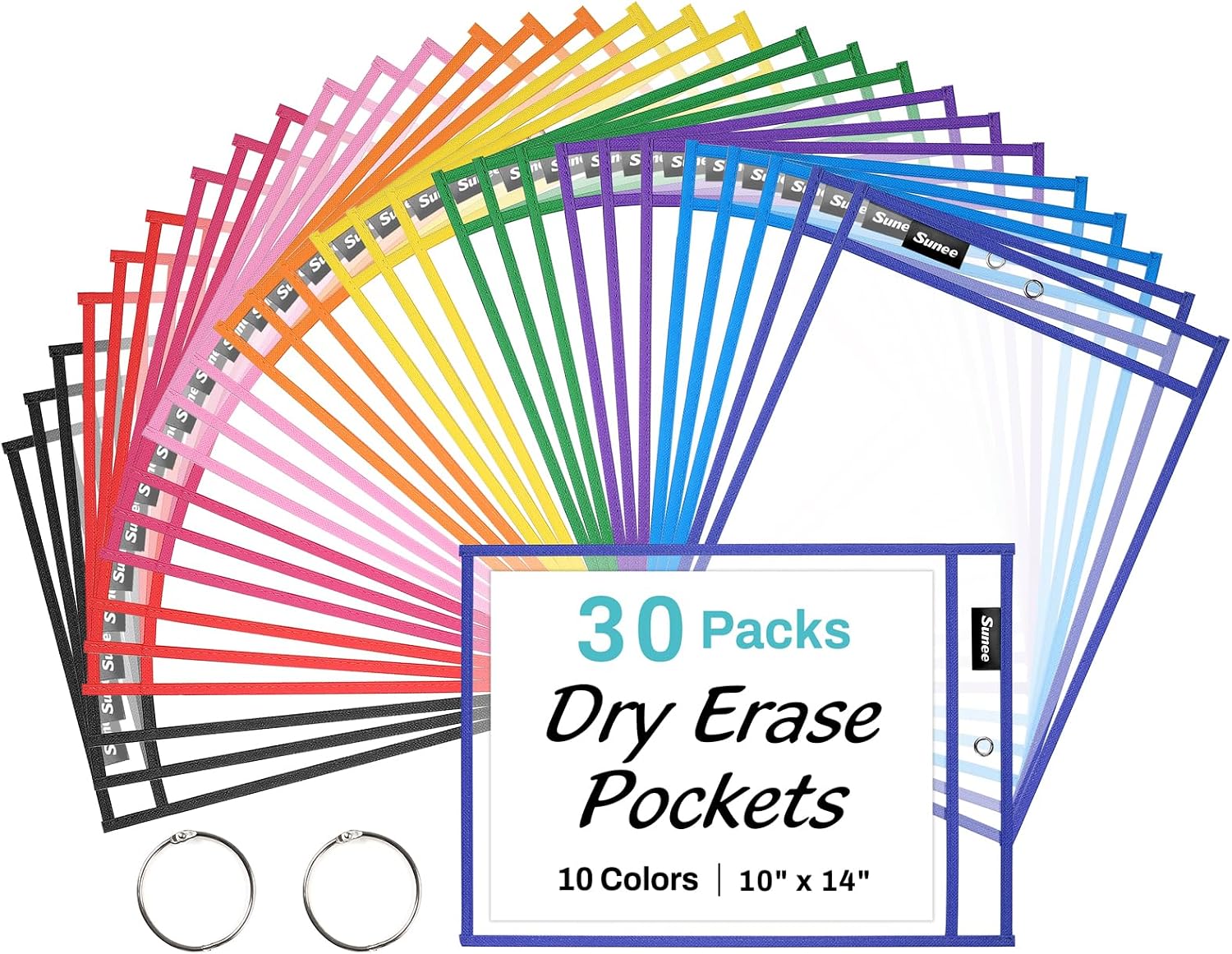 Detalle de SUNEE 10 x 14 Dry Erase Pockets, 30-Pack with 10 Colors and Binder Rings