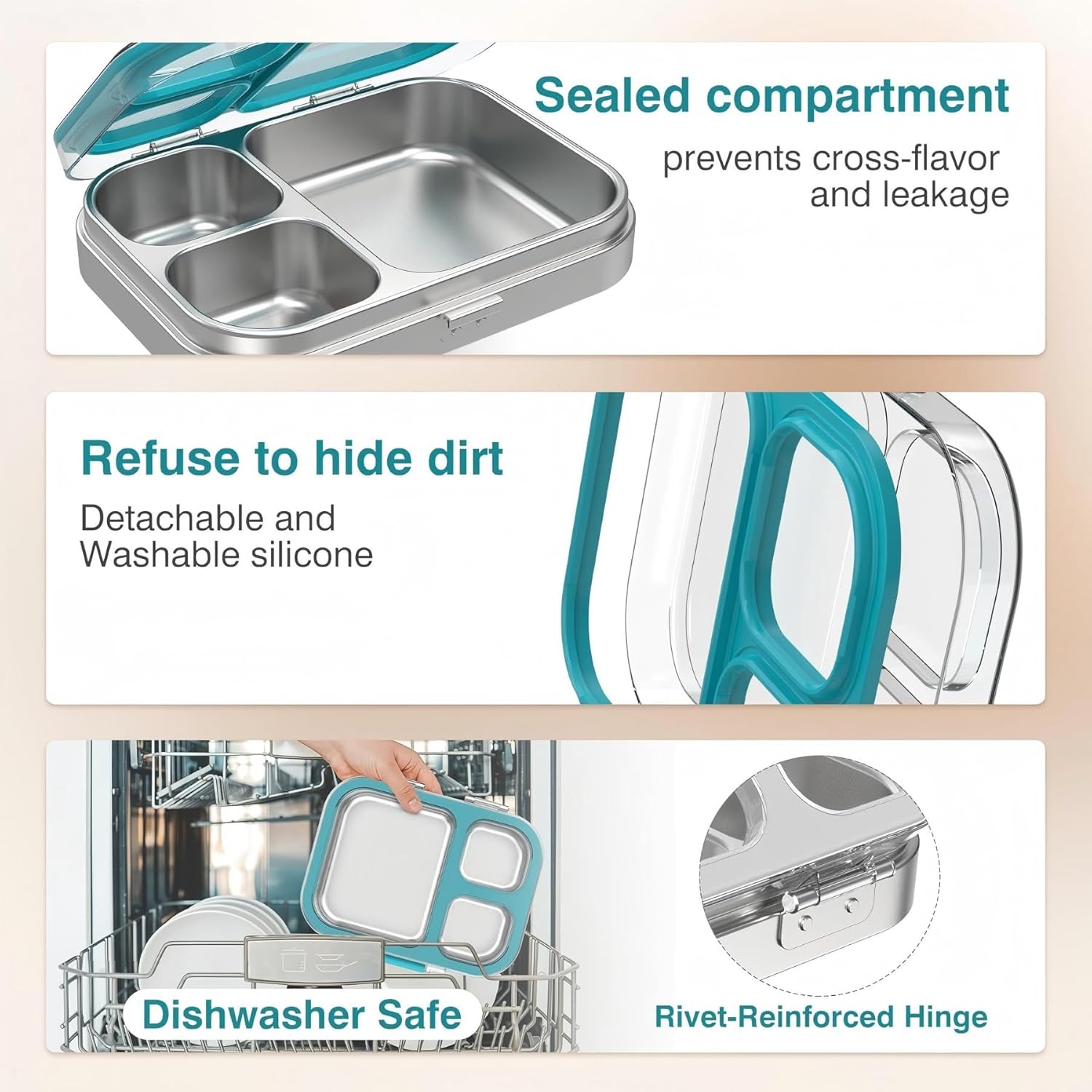 Thumbnail 5 de HOMEKOL Stainless Steel Bento Lunch Box, Blue – 3-Compartment, Leak-Proof (Not Insulated) 800ml