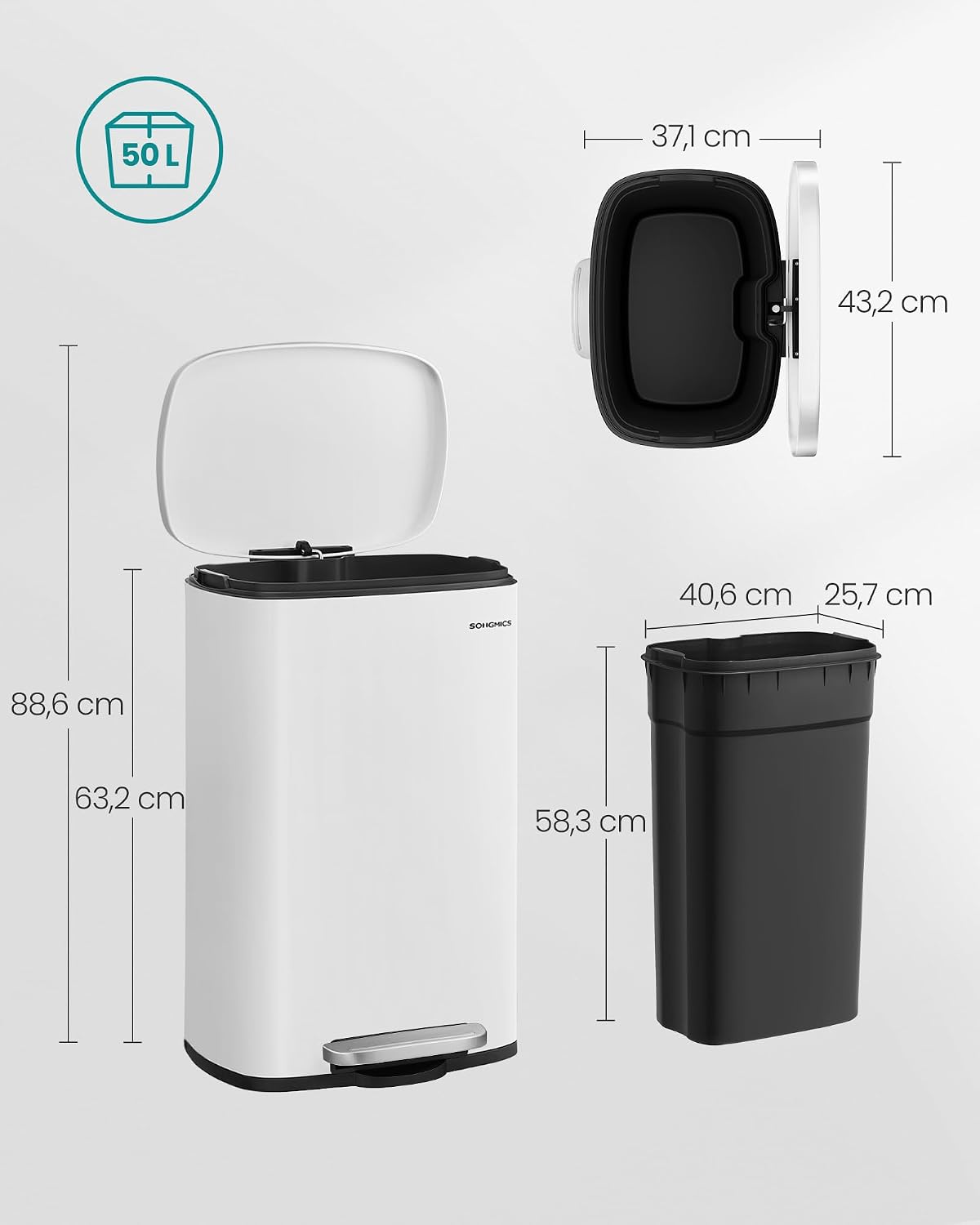 Thumbnail 4 de SONGMICS LTB101W01 50 Liter Mülleimer