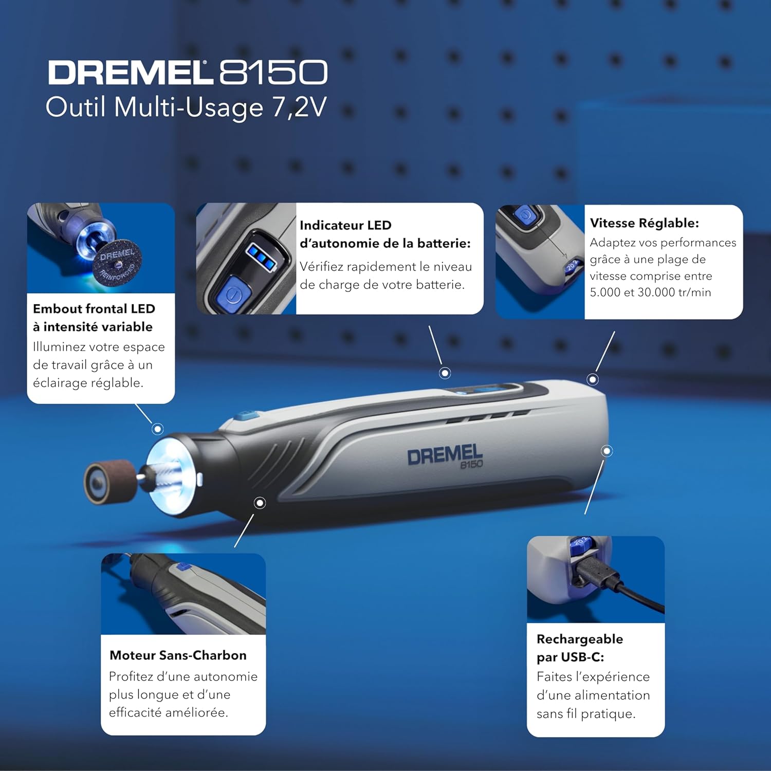 Thumbnail 1 de Dremel 8150 – Outil multifonction sans-charbon 7,2 V, USB-C, 20 accessoires