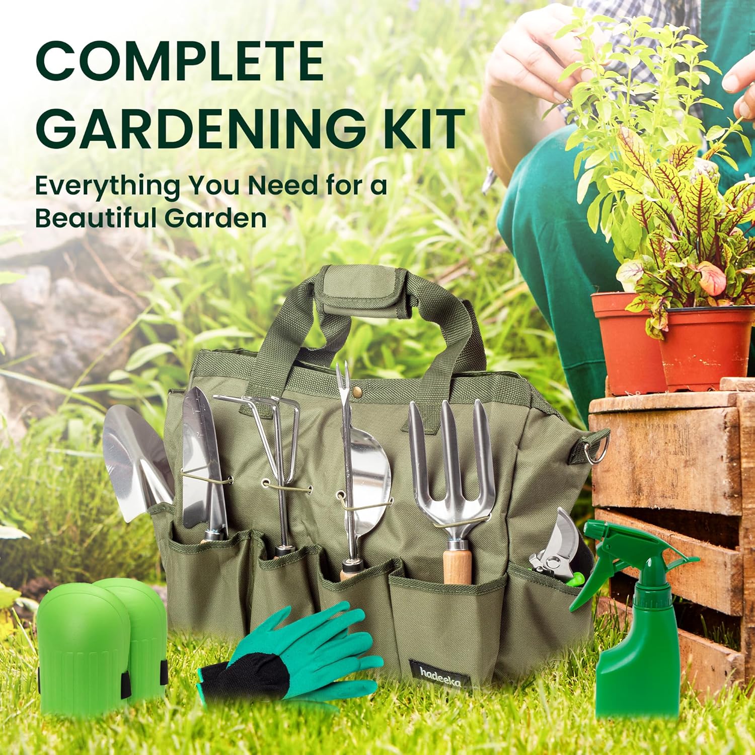 Thumbnail 1 de Hadeeka Gardening Tools Set (10-piece) with Stainless Steel Heads, Kneeling Pad, Gloves & Shoulder Strap Bag