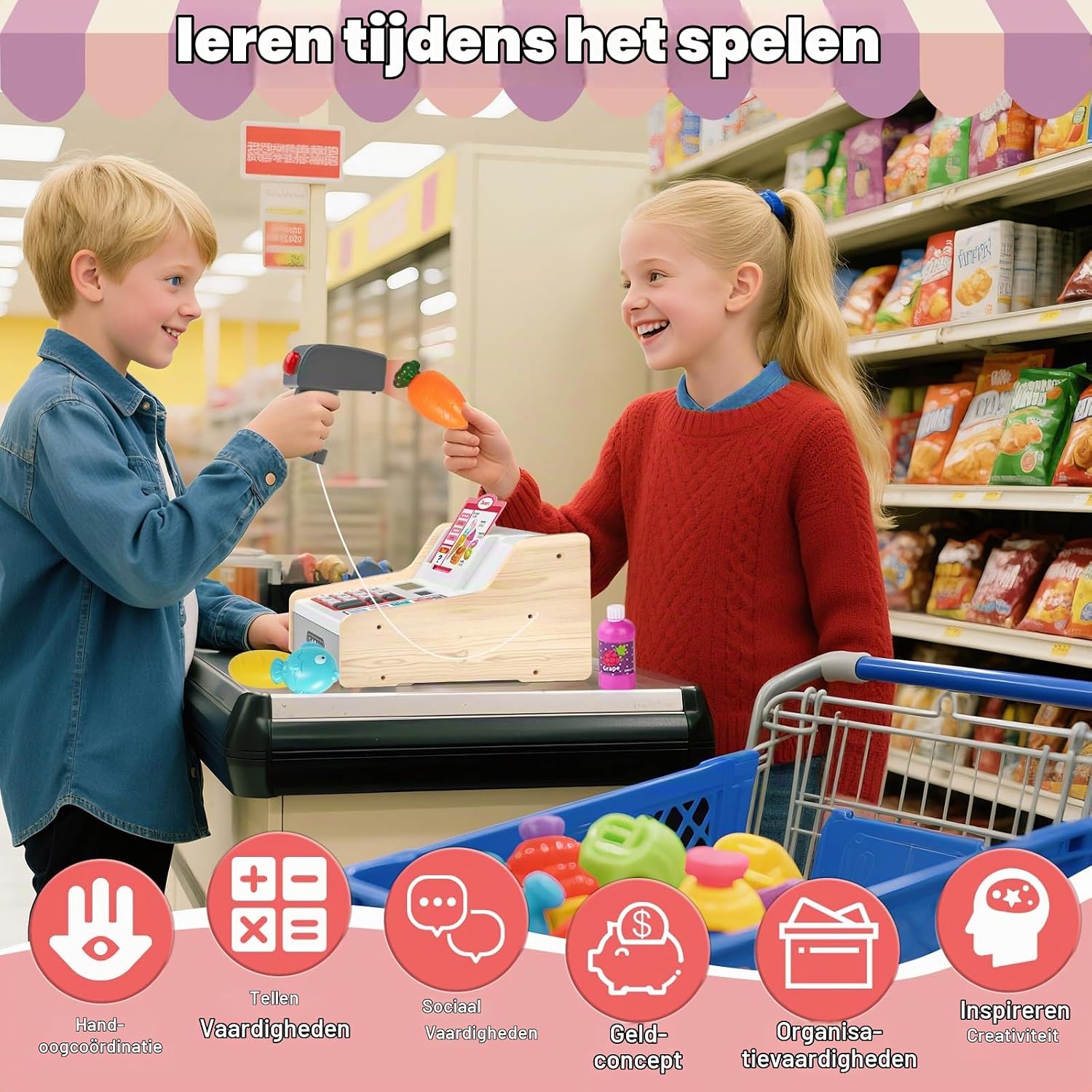 Thumbnail 2 de maysida 818-503M houten speelgoedkassa met scanner en winkelaccessoires
