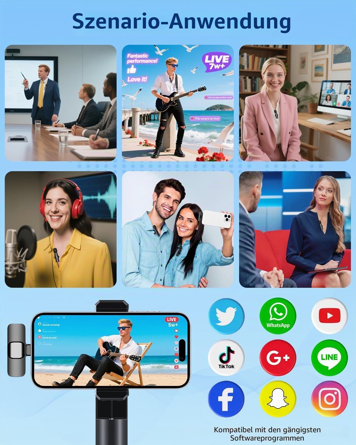 Detalle de HONGJIEYUAN Kabelloses Lavalier-Mikrofon für iPhone & Android – 2-in-1 Laden, 19,8 m Reichweite, 8 h Akku