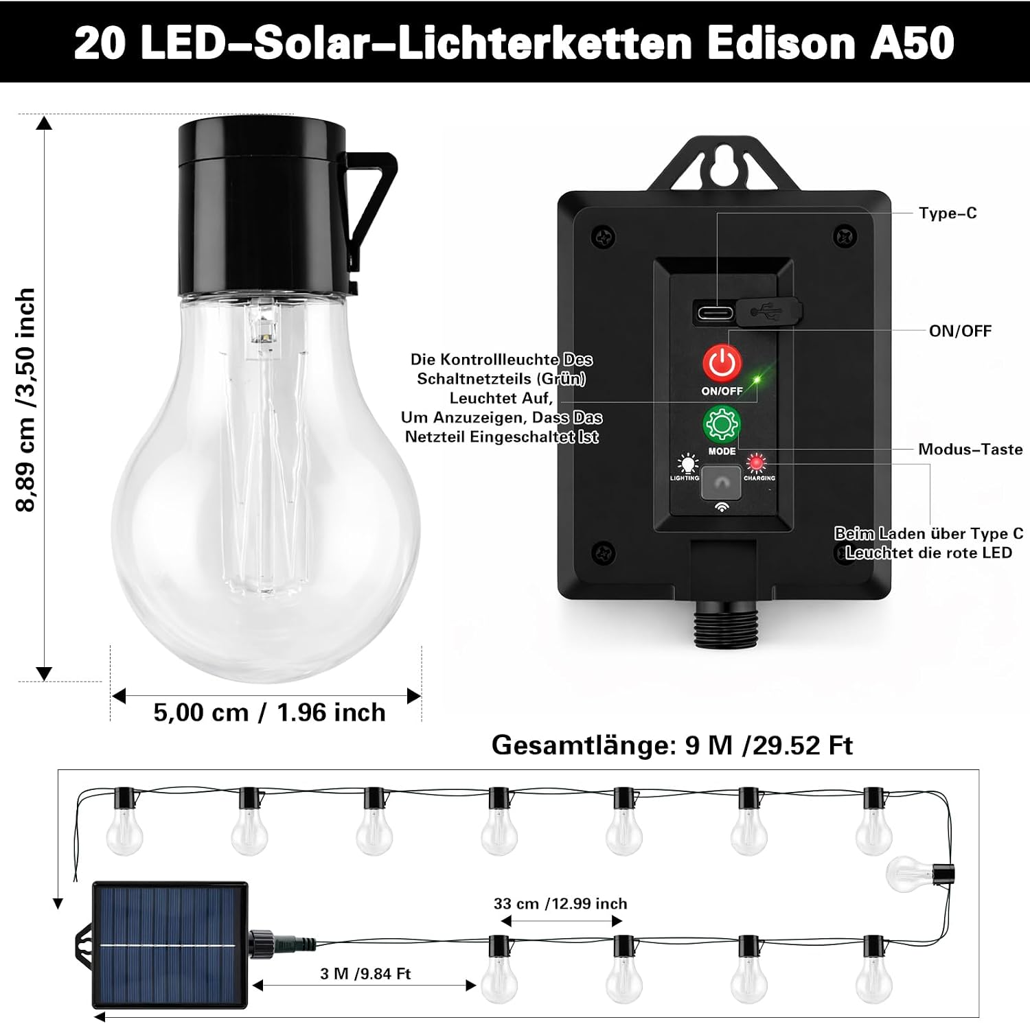 Detalle de Cnulenzt Solar Lichterkette Außen, 20 LED, 9 m – Solar- und USB-Dualmodus mit 8 Modi