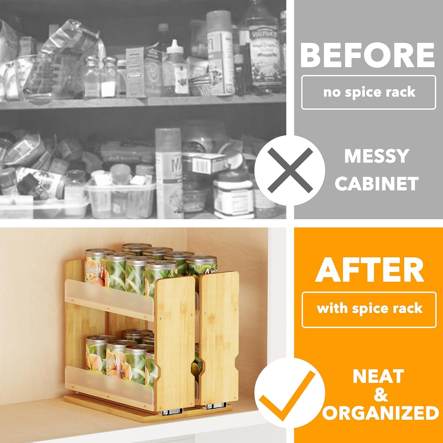 Thumbnail 1 de SpaceAid Bamboo Pull Out Spice Rack Organizer — 2-Tier, 7.3" Wide Heavy-Duty Slide-Out for Cabinets
