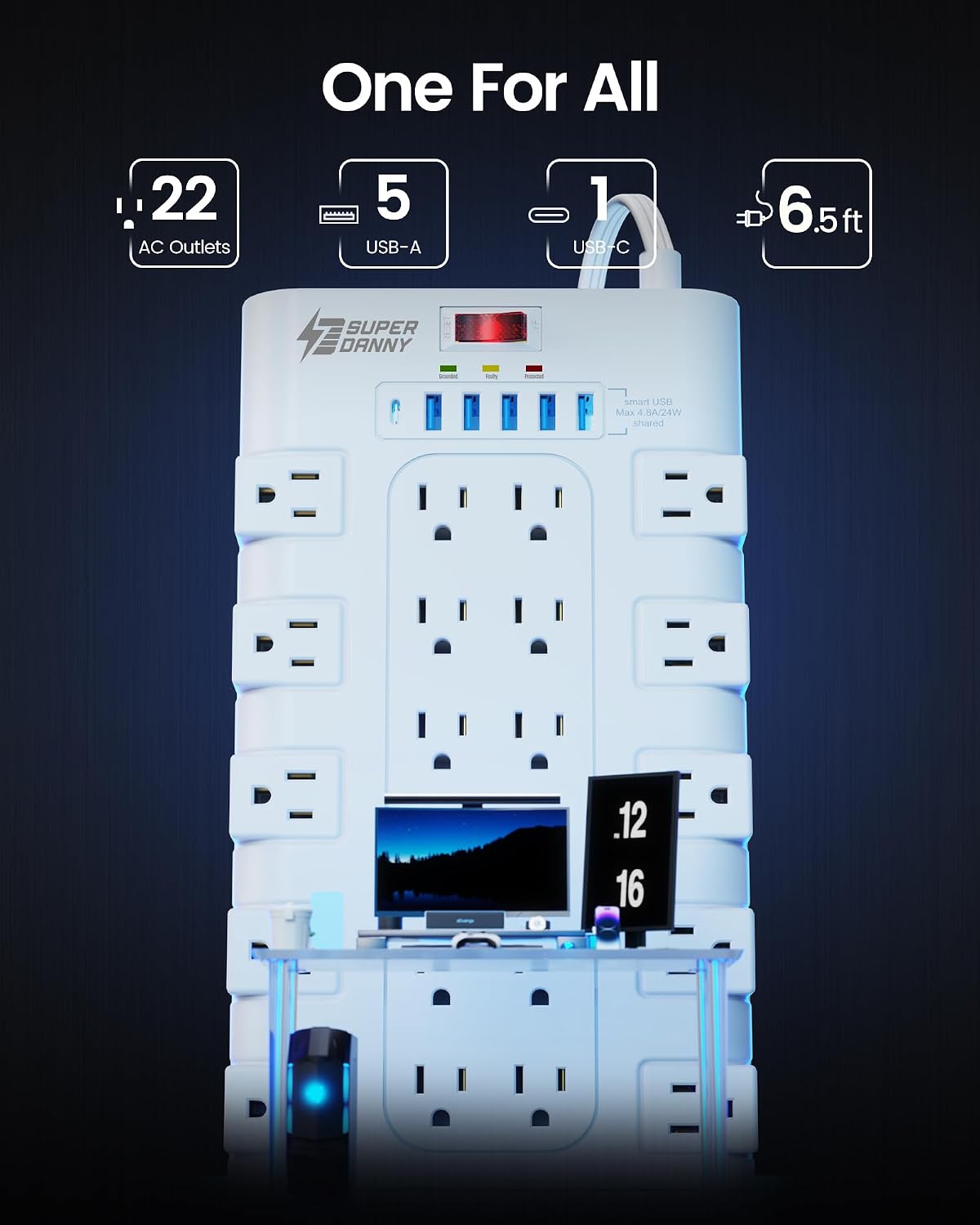 Thumbnail 2 de SUPERDANNY Flat Plug Power Strip Surge Protector, 22 Outlets, 6 USB, 2100J