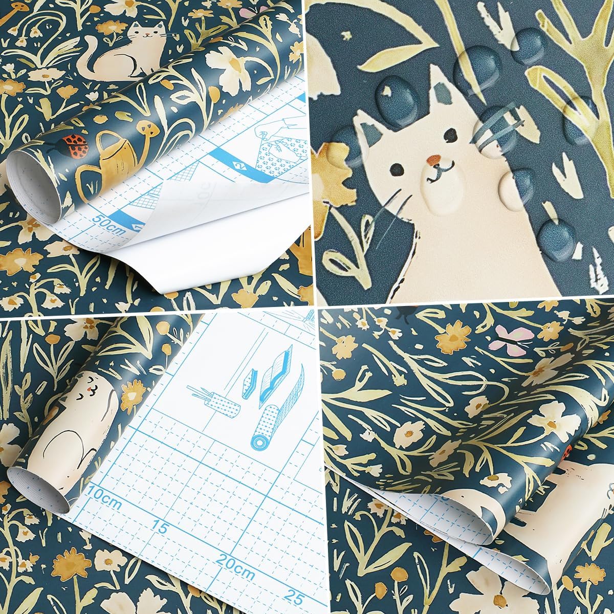 Detalle 2 de CiCiwind zelfklevend behang 41 × 300 cm, blauw vinyl met katten en bloemen