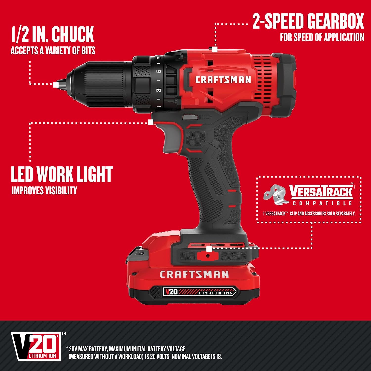 Detalle 2 de CRAFTSMAN V20 CMCD700C1 Cordless Drill/Driver Kit, 1/2-Inch Chuck