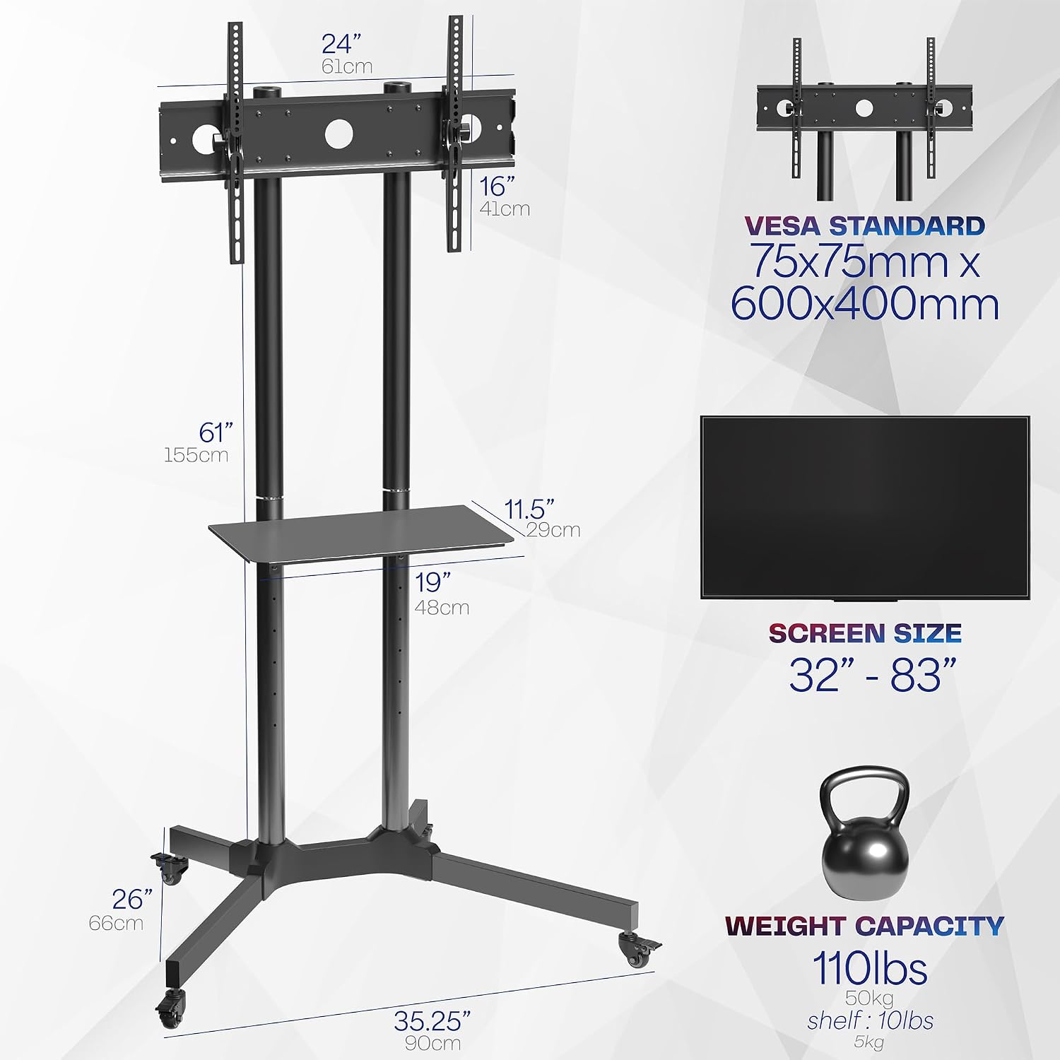 Thumbnail 5 de VIVO DGMT-4310-SRK001 Mobile TV Cart, 32–83-Inch, 50kg, Tilt, Locking Wheels