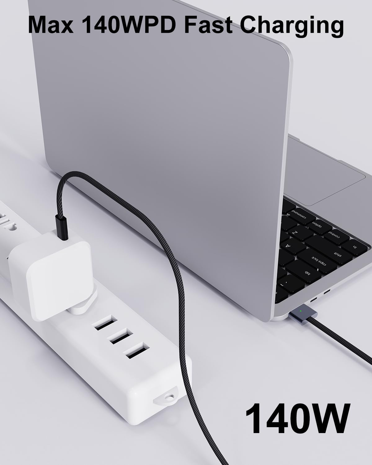Detalle de Brekiya 2026 USB‑C to M3 Cable for MacBook Pro/Air – 2m, 140W PD, Magnetic Snap & Braided Build