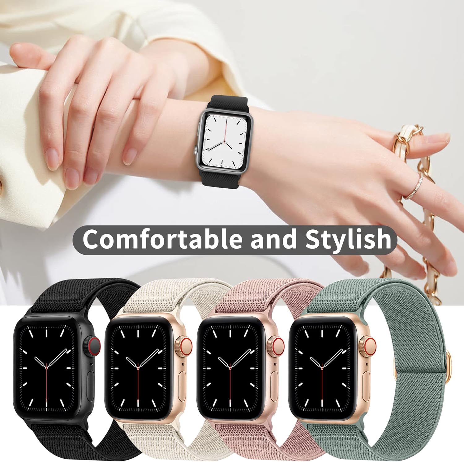 Detalle de Higgs 6 Pack Stretchy Nylon Apple Watch Straps — 38–49mm, Adjustable Sport Bands
