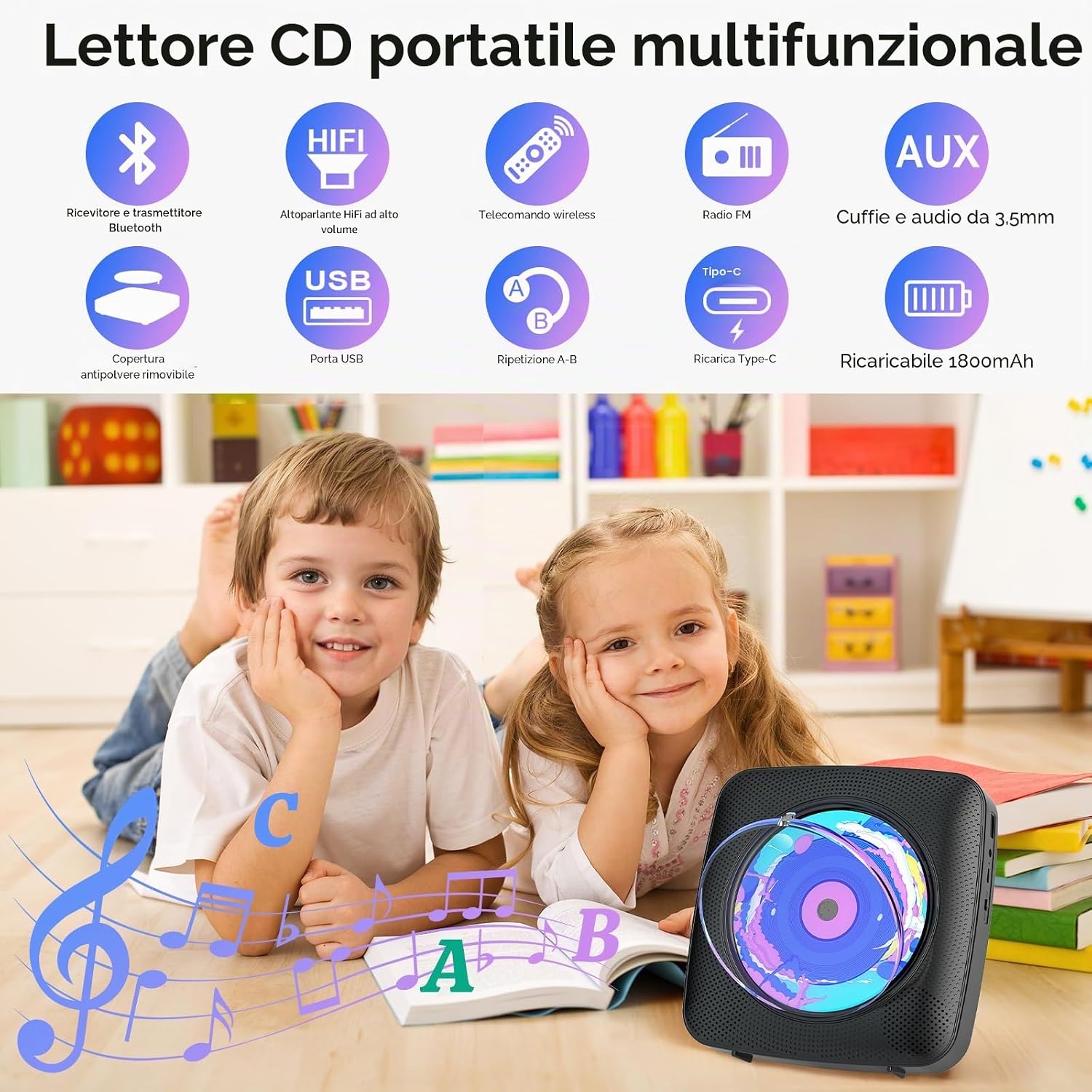 Thumbnail 1 de Lettore CD Portatile hi-fi Kegaudio con Bluetooth e altoparlanti, nero