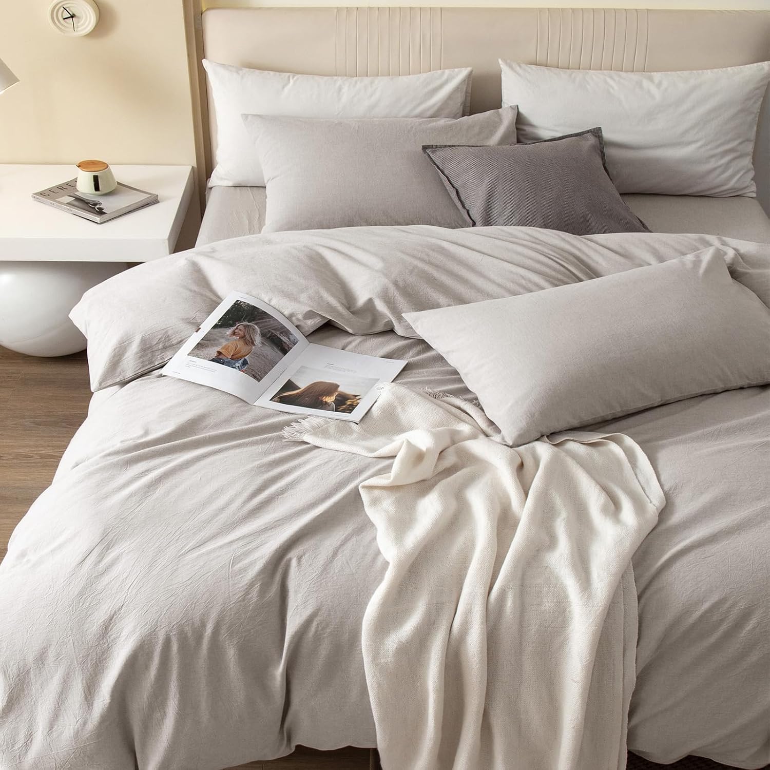 Thumbnail 1 de JIYUAN Alaska King Duvet Cover Set (3-Piece) in Heathered Cream Grey — 100% Washed Cotton, Hidden Zipper