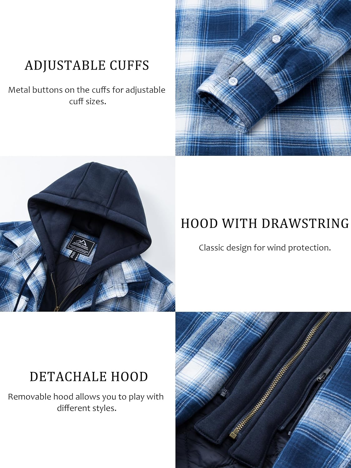 Detalle 2 de TACVASEN Men's Quilted-Lined Plaid Flannel Shacket with Detachable Hood