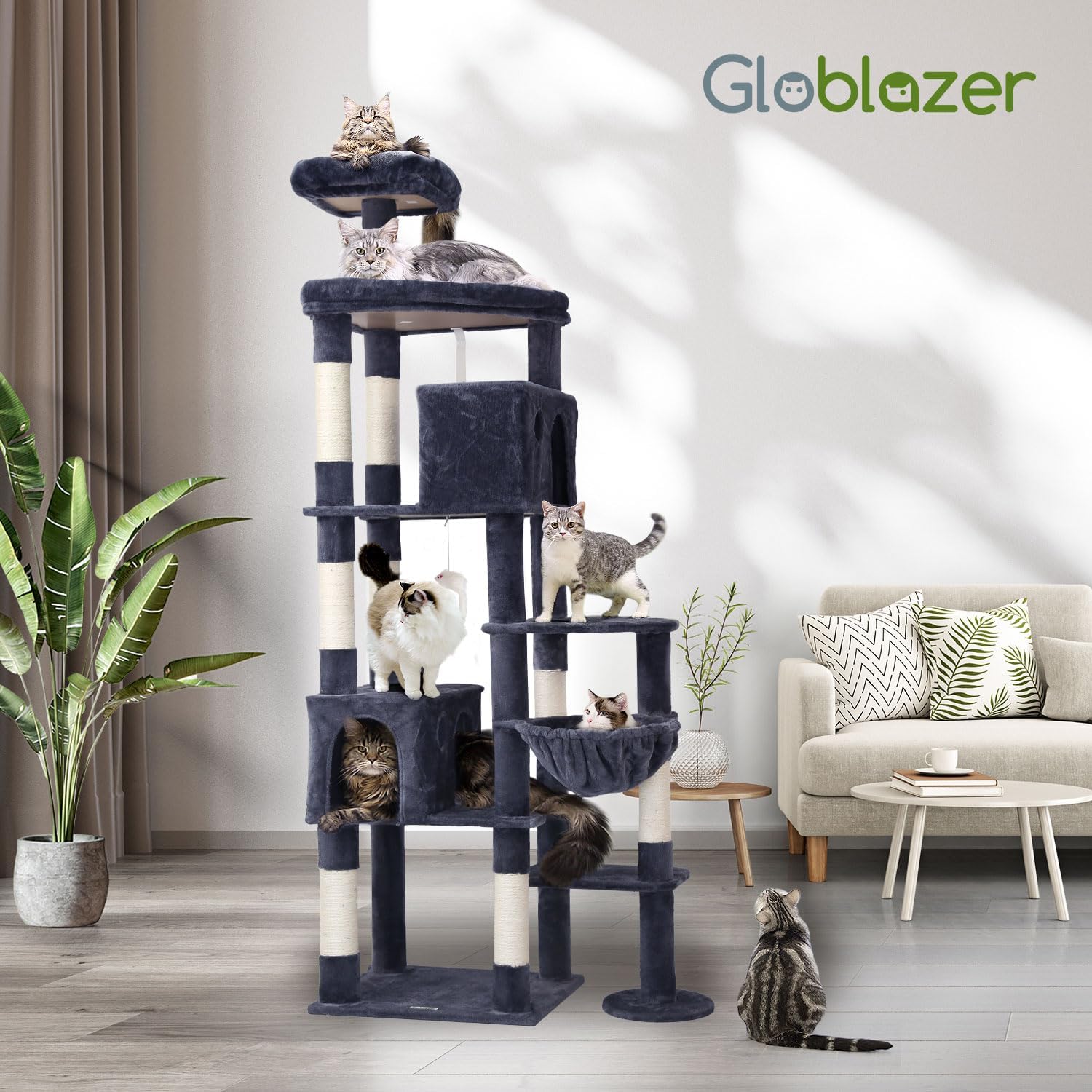 Thumbnail 6 de Globlazer XXL Kratzbaum für Große Katzen – 213 cm, stabil, mehrstöckig und mit Katzenhaus