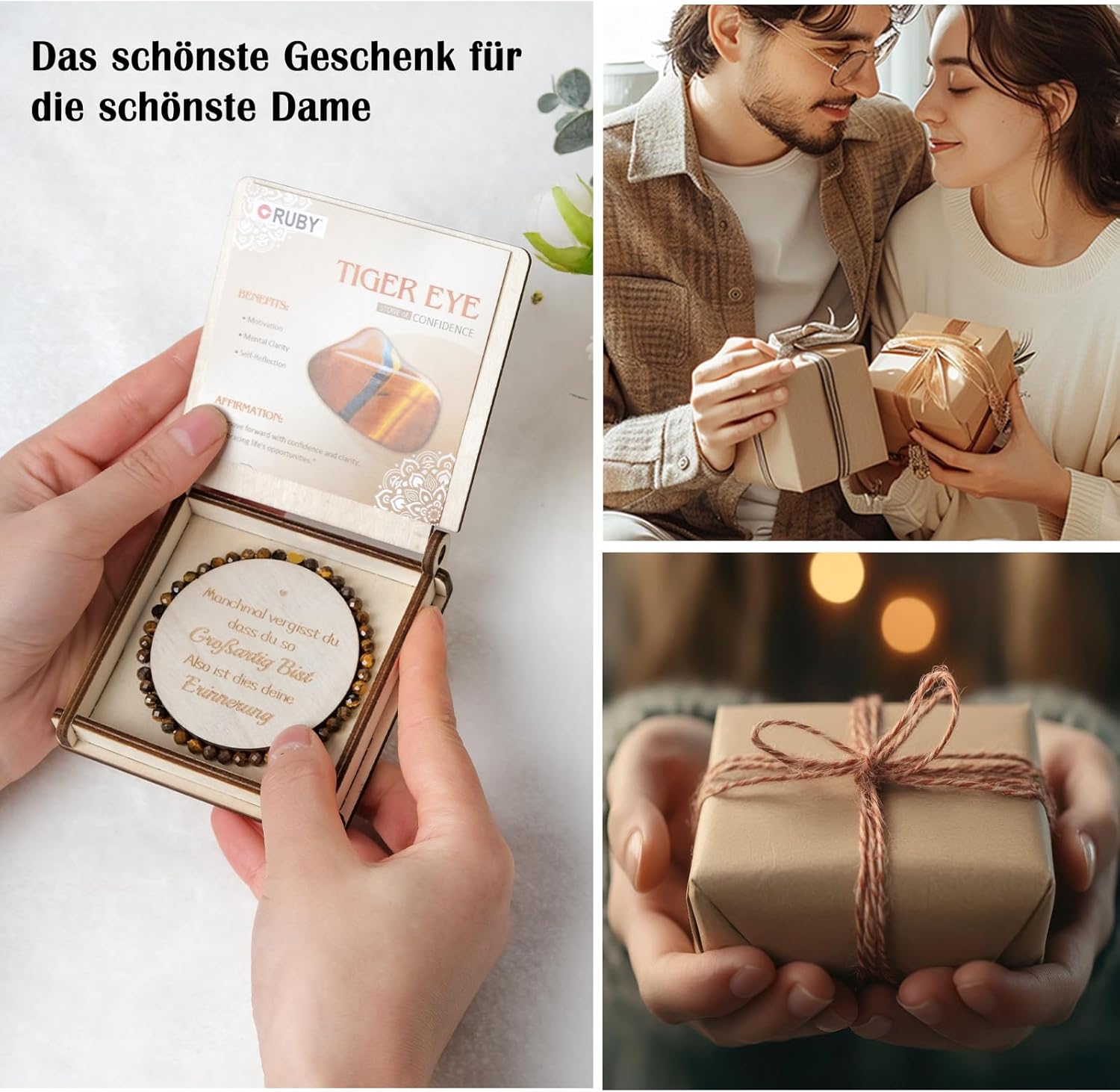 Thumbnail 2 de Ruby Edelstein-Armband für Damen – Tiger Eye, 4 mm Perlen, 18K vergoldetes Edelstahlherz, elastisch, Geschenkbox aus Holz
