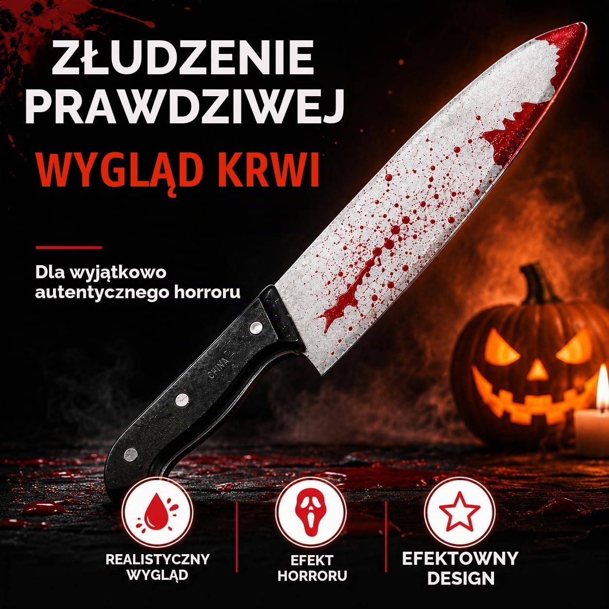 Thumbnail 3 de Costumed 6695K Iluzja – plastikowy nóż na Halloween, 34 cm, krwawe zdobienia