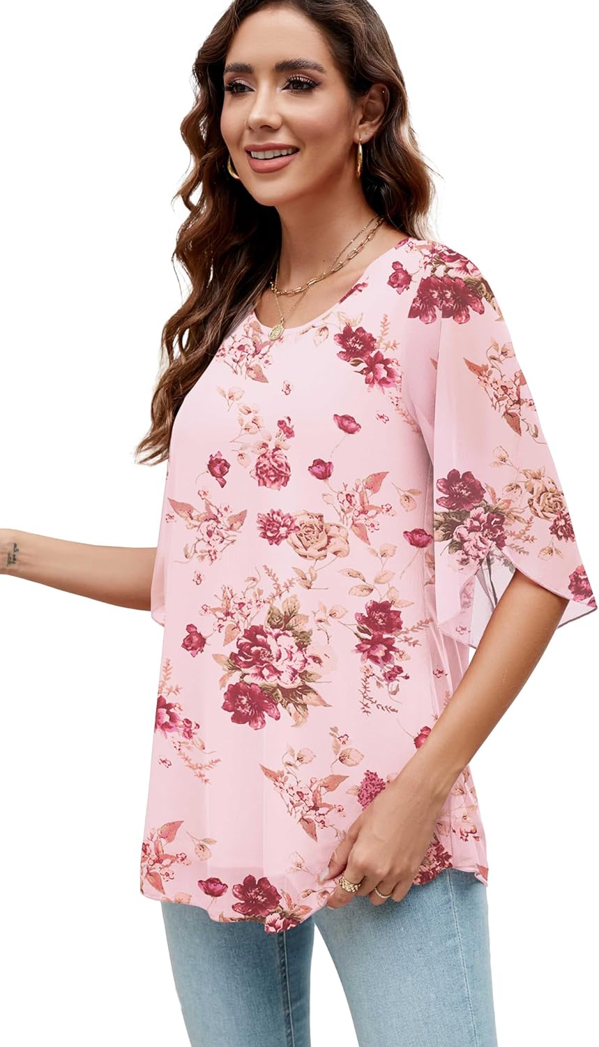 Detalle de Actcat Women's Ruffle Blouse 3/4 Sleeve – Flowing Mesh Tunic Top