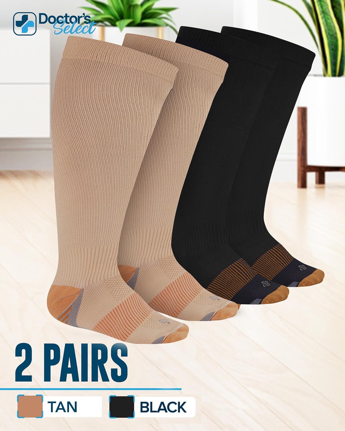 Detalle de Doctor's Select Copper Plus Size Compression Socks Wide Calf (2 Pairs) – 20-30 mmHg, Tan, Extra Wide Calf