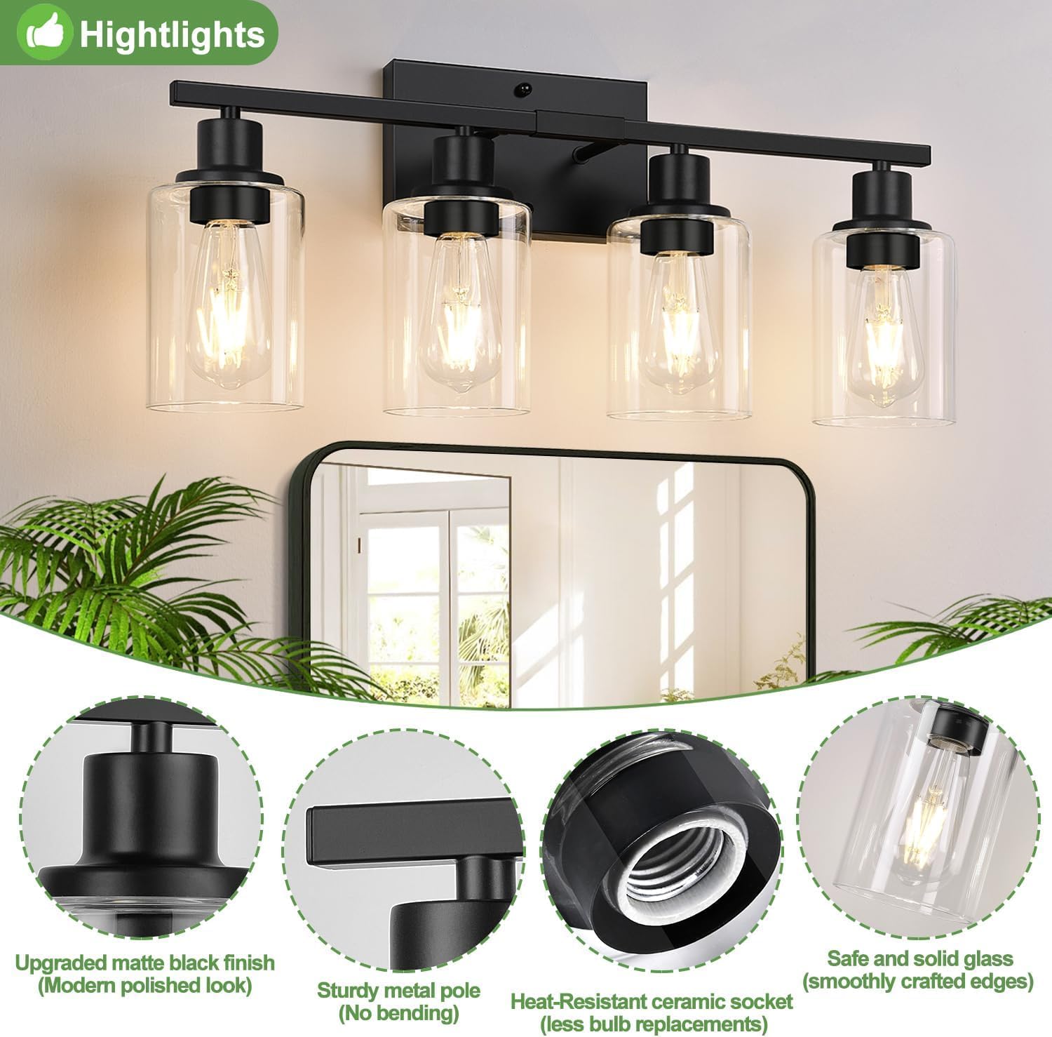 Detalle de Indoi 4-Light Matte Black Bathroom Light Fixtures with Clear Glass Shades