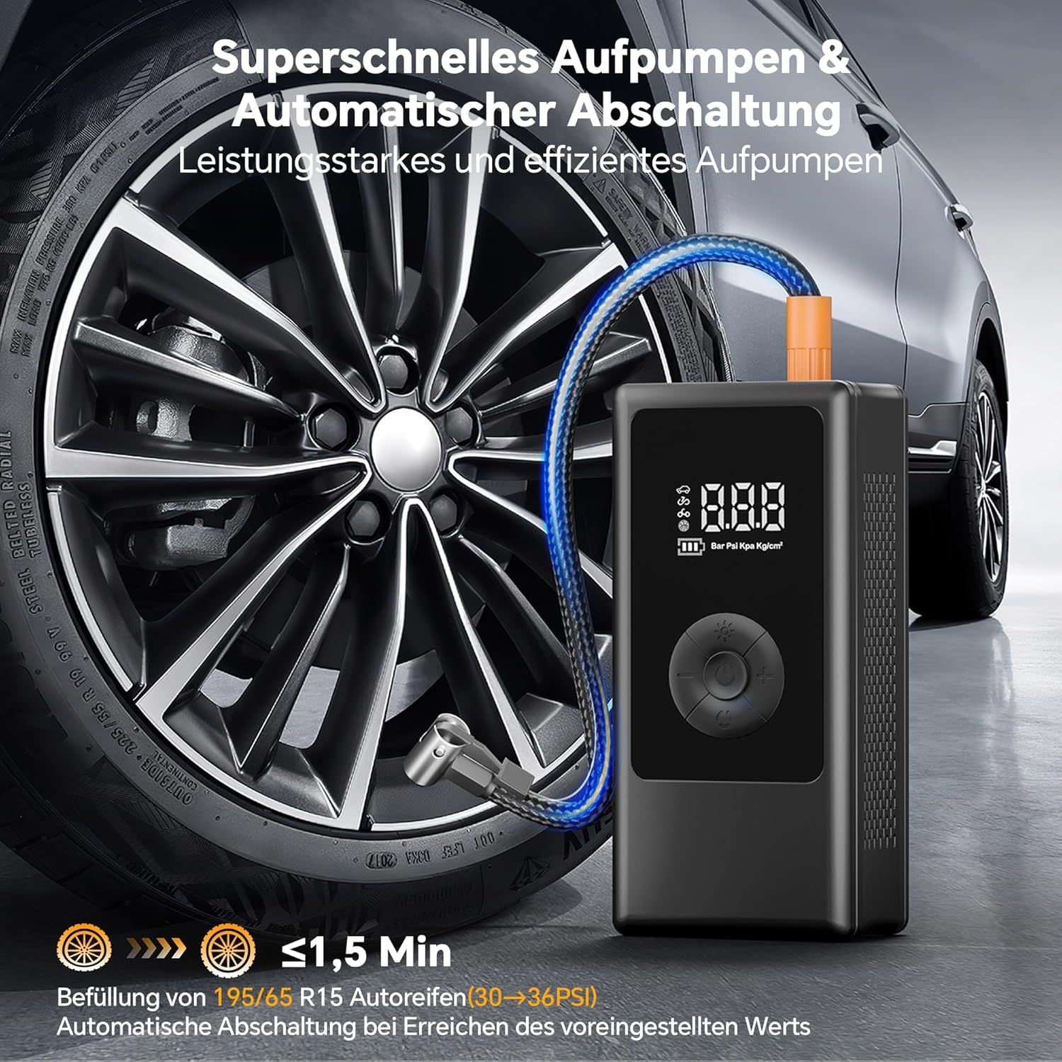 Detalle de Elektrische Luftpumpe 150 PSI – tragbarer Akku Mini-Kompressor mit digitaler Anzeige, LED-Licht & USB-Laden