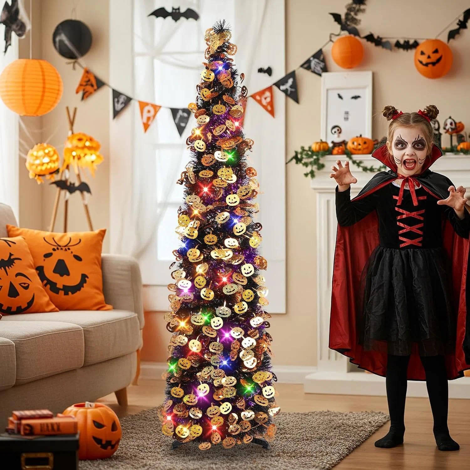 Detalle de N&T NIETING 5-Foot Halloween Tinsel Tree with Pumpkin Accents and Orange LED Lights