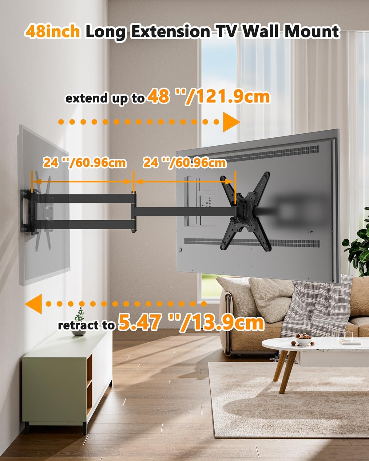Detalle de WHYFONE Extra Long Arm TV Wall Mount 48" Extension, Rotating Full Motion for 26"-65" TVs (VESA 400x400mm, 110 lbs)