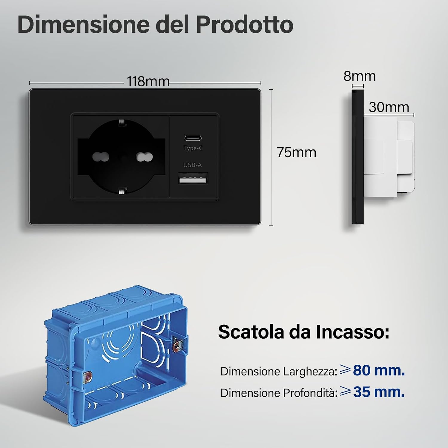 Thumbnail 1 de BSEED Presa Schuko/Italiana con USB-A e USB-C – 118 mm, nero, 16A/10A