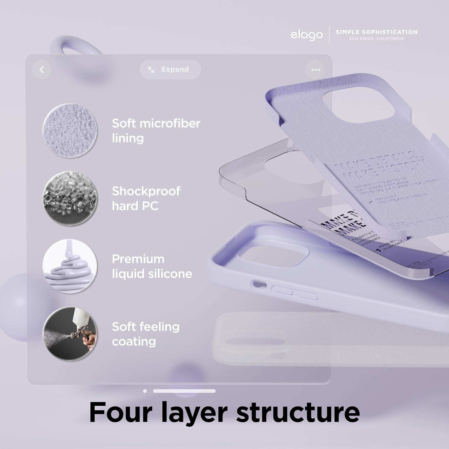 Detalle 2 de elago Coque Silicone Liquide iPhone 15, protection intégrale anti-chocs 4 couches avec microfibre anti-rayures (Violet)