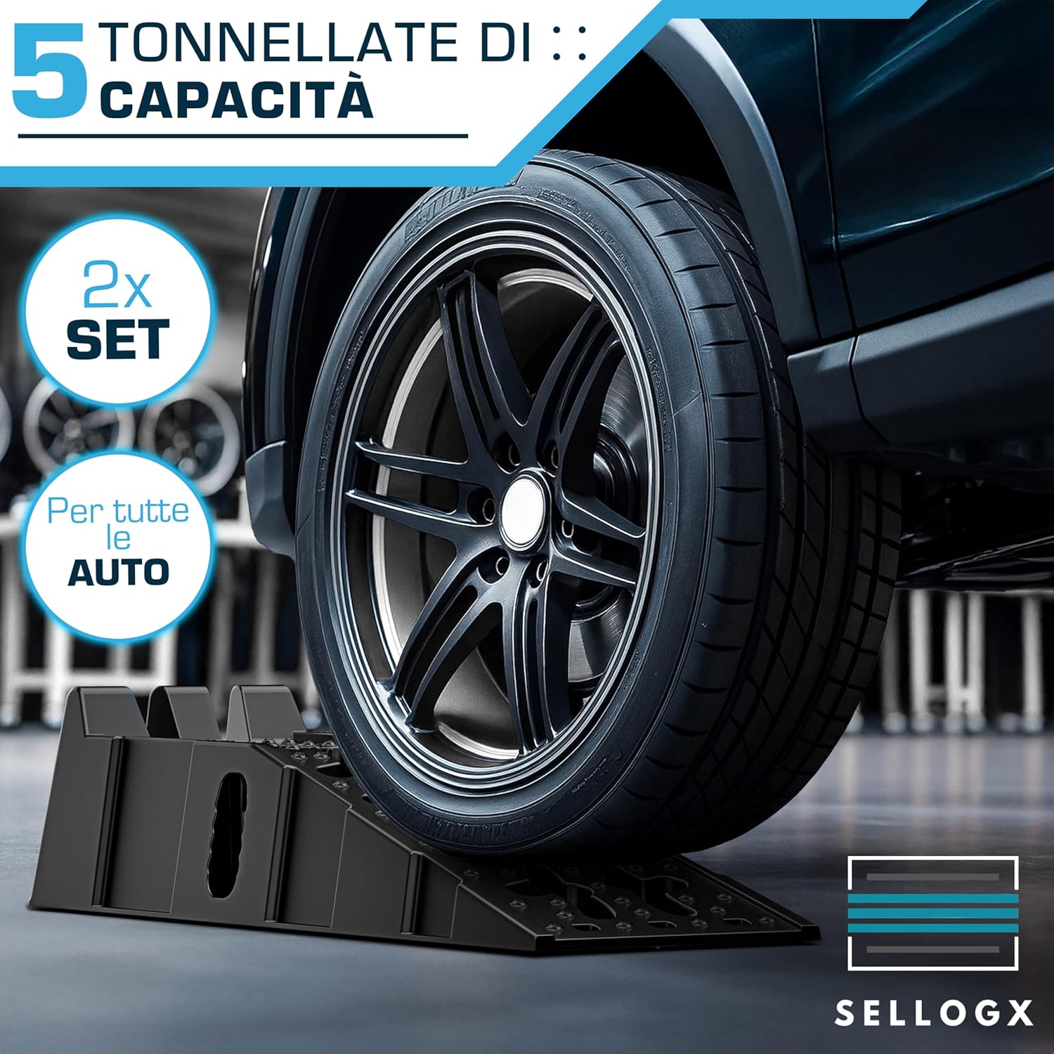 Detalle de SELLOGX Rampe auto 2 pezzi – 5t, HDPE antiscivolo, 90,4 cm x 30,4 cm