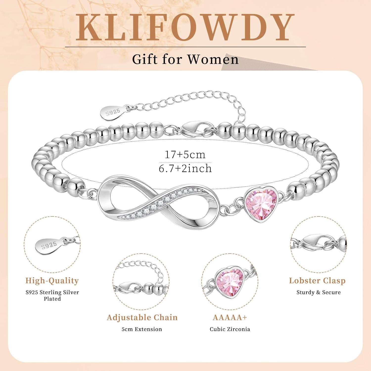 Thumbnail 3 de KLIFOWDY S925 Sterling Silver Infinity Heart Birthstone Bracelet for Women