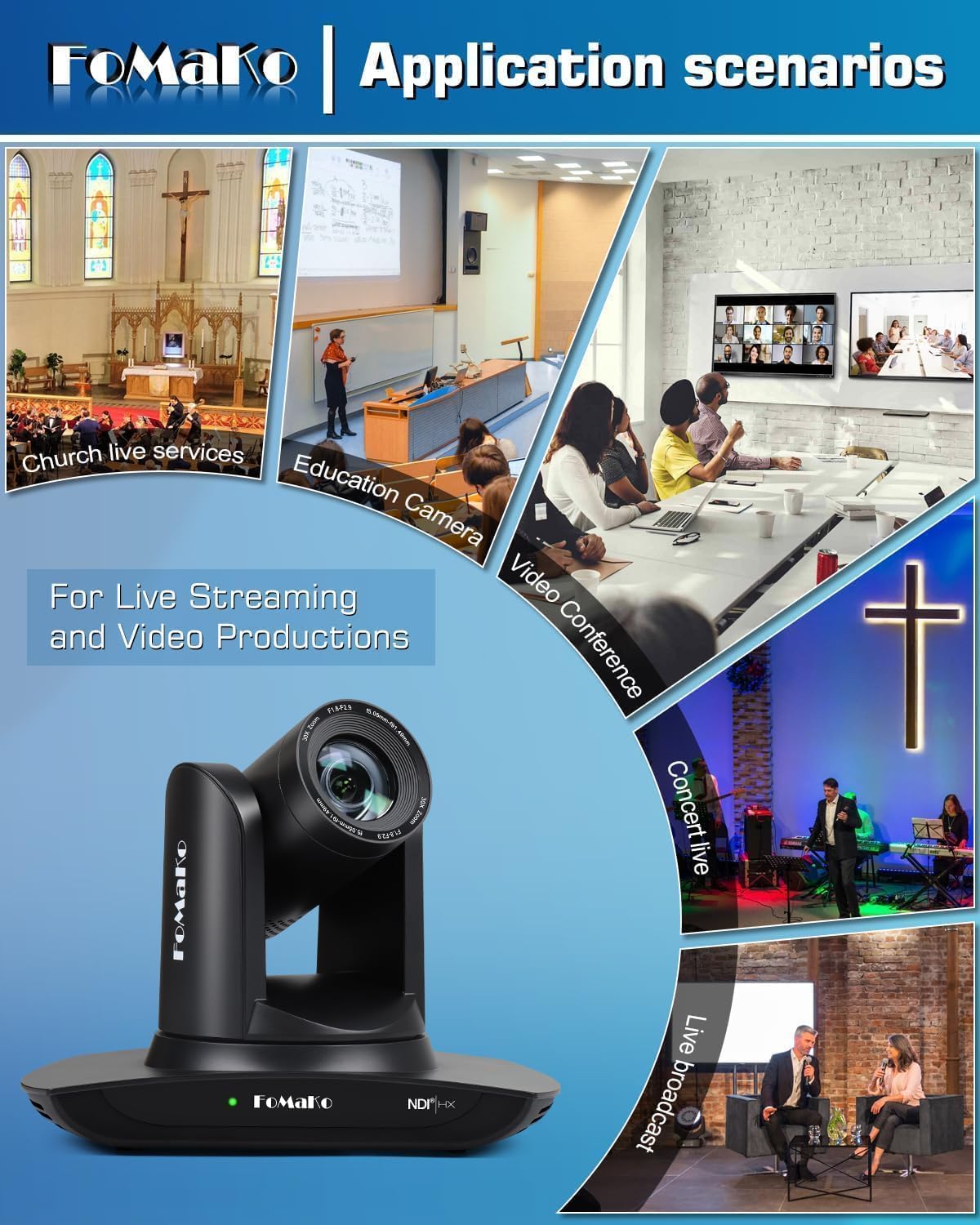 Detalle 2 de FoMaKo Caméra NDI HX3 PTZ avec suivi IA — 20x zoom, 1080p60, PoE, NDI 6 certifiée