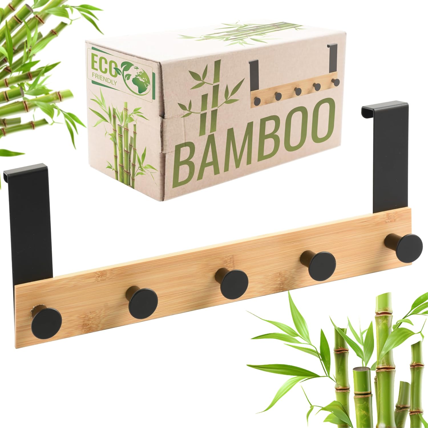 RICOO Appendiabiti da Porta MH029N-5 in bambù e acciaio, 5 ganci, montaggio senza forare – 32x13x6,6 cm