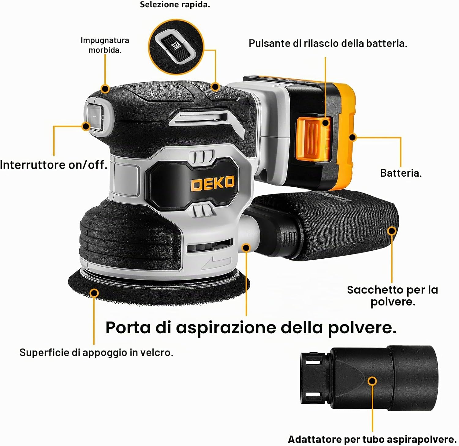 Thumbnail 6 de DEKOPRO Levigatrice Orbitale a Batteria 125 mm con 15 Fogli e Accessori