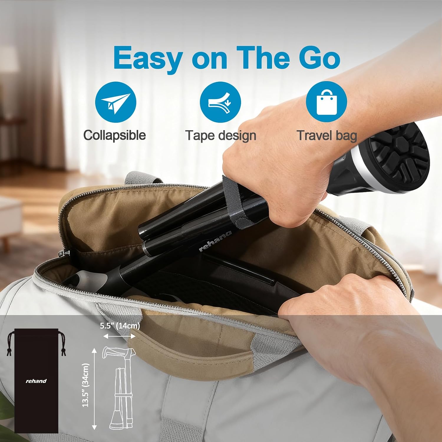Detalle de rehand Foldable Walking Cane with Adjustable Height and All-Terrain Tip