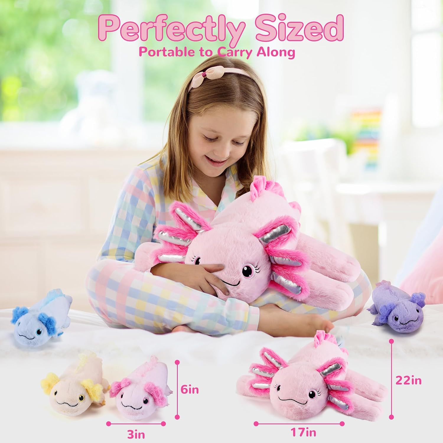 Thumbnail 2 de Gnomantic 5-Piece Axolotl Plush Set: 1 Mommy Axolotl with 4 Babies Inside Belly (Pink)