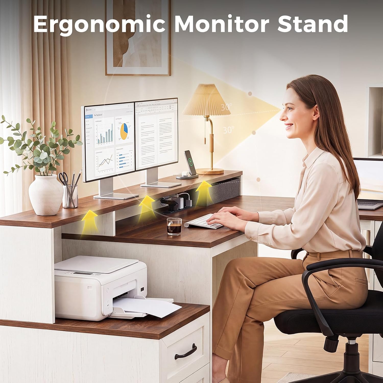 Detalle 1 de OffiGo Farmhouse 68-Inch L-Shaped Executive Desk with Drawers, Monitor Stand and Outlets