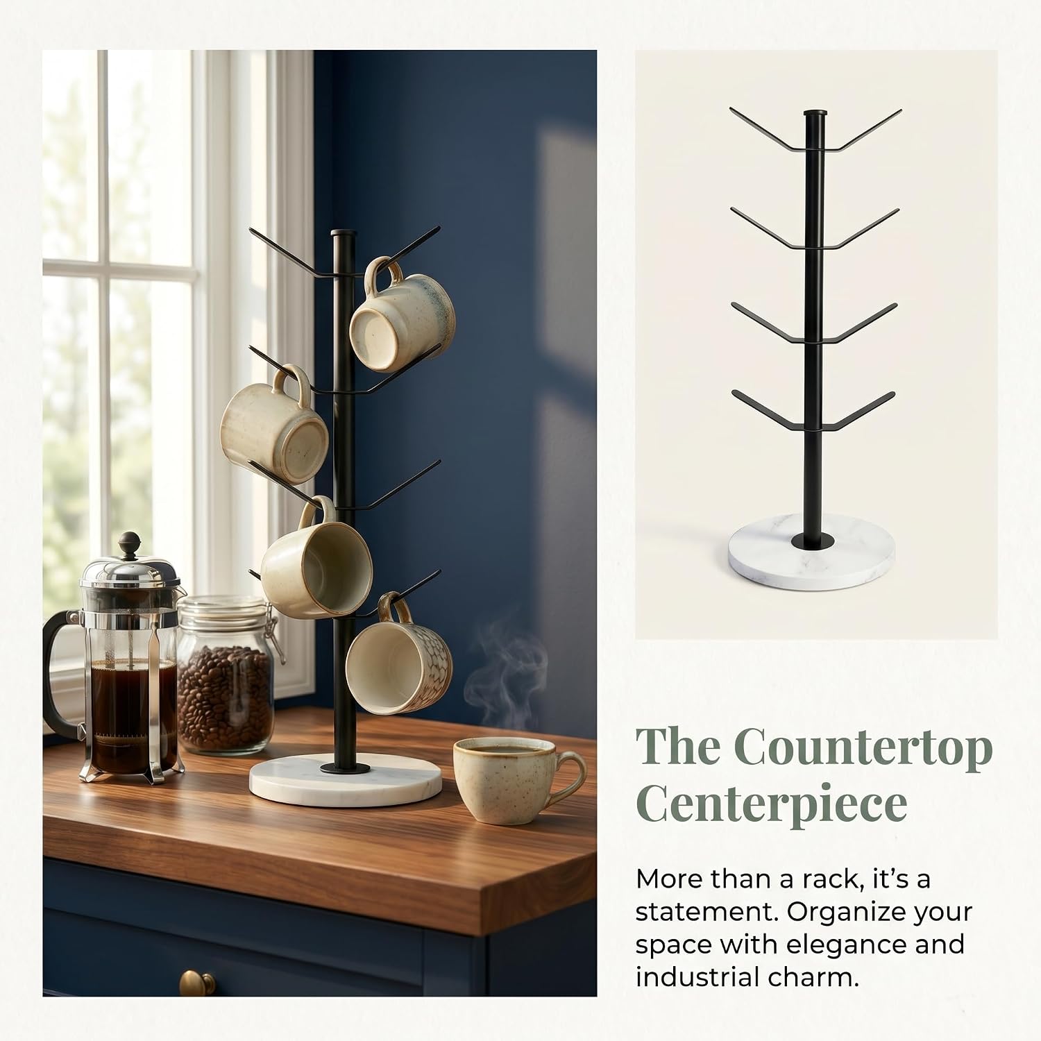 Thumbnail 6 de Vurixfo Marble Mug Tree Stand: 8-Hook, Stable Marble Base, Adjustable Stainless Steel Holder