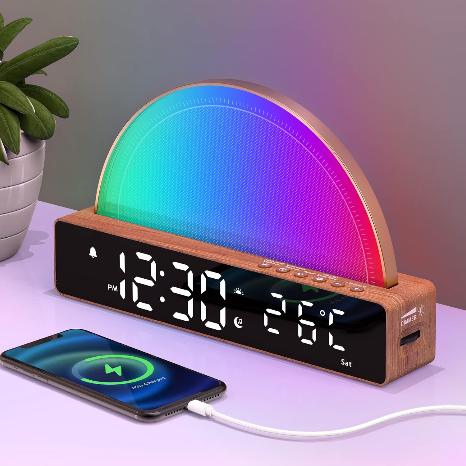 Réveil lumineux avec simulation de lever du soleil, lampe à 7 couleurs et mode sommeil (snooze, 6 sonneries, 10 sons)