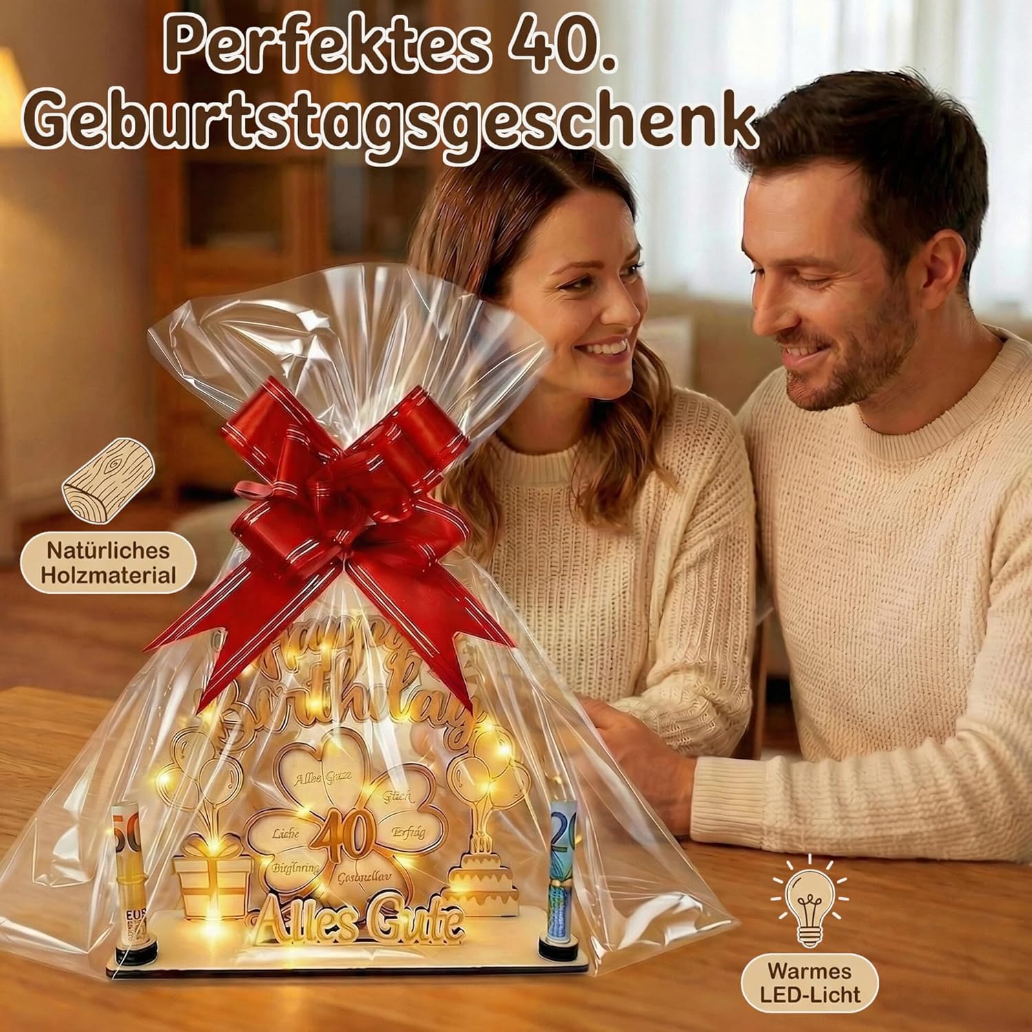 Detalle 2 de 40 Geburtstag Geldgeschenk für Männer und Frauen – personalisierte Holzdekoration mit 3D Glückskleeblatt, LED-Beleuchtung und verpacktem Geldgeschenk